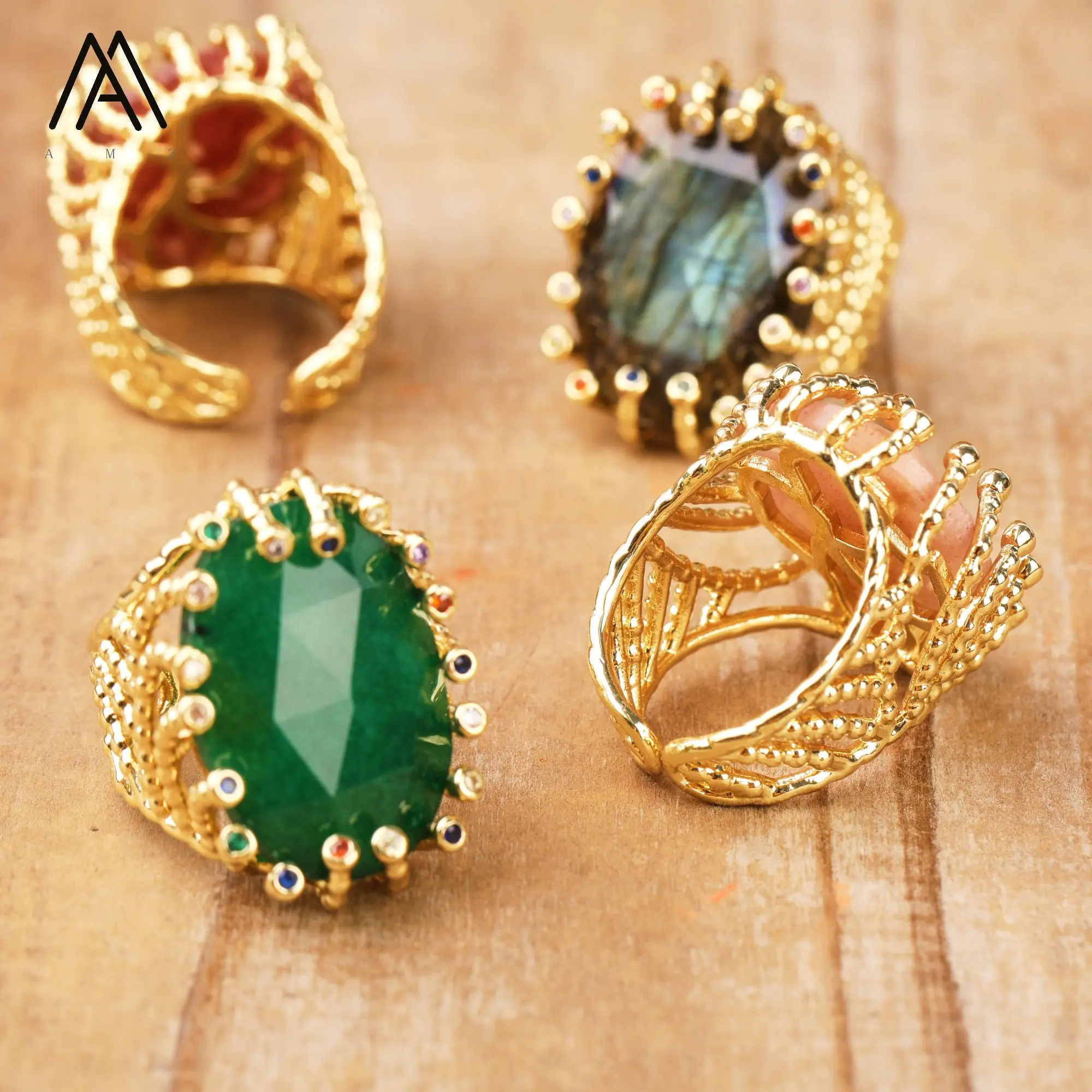 Luxury Rings Natural Gemstone Healing Crystal Colourful Zircon Bead Statement Ring Gold Jewelry