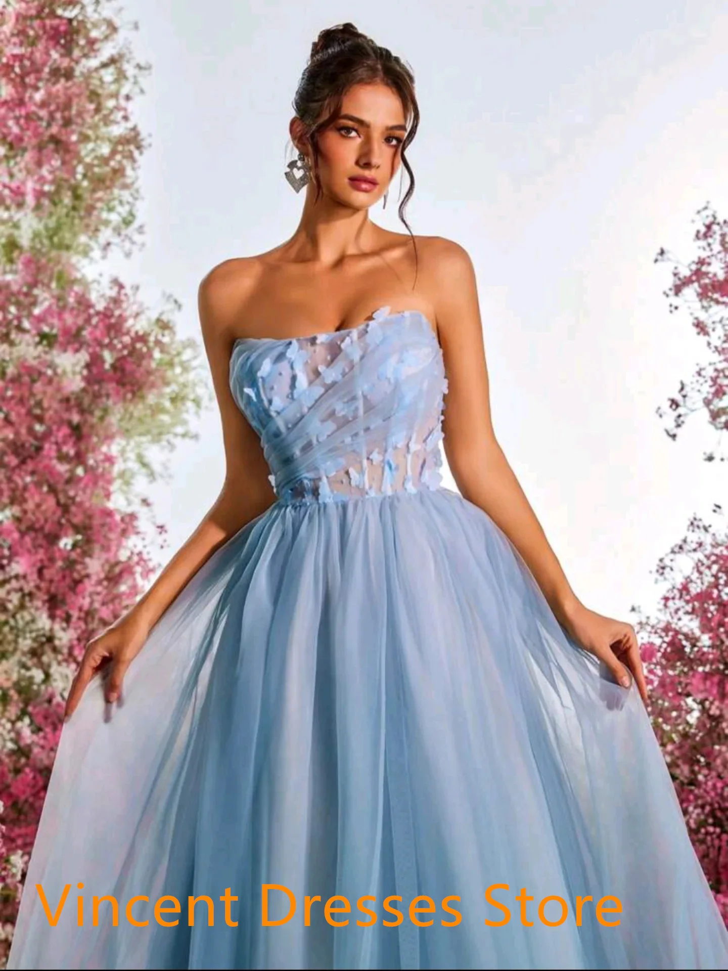 Maßgeschneiderte zarte blaue Tüll-Promi-Kleider, elegante trägerlose Applikationen, Kontrastfarbe, Schnürung am Rücken, Vestido De Noche