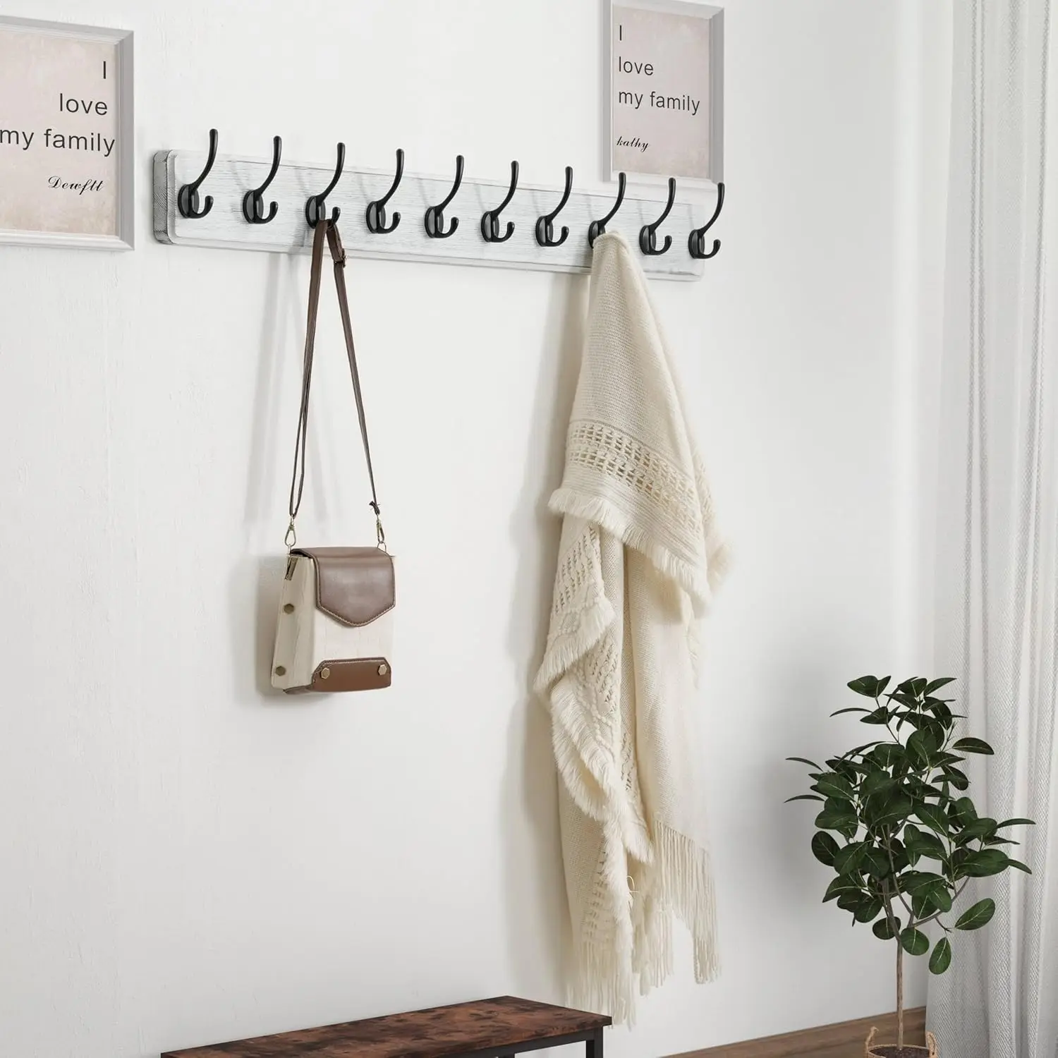 

Dseap Coat Rack Wall: 38-1/4"" Long, Patented, Heavy-Duty, 10-Double-Hooks Wooden Wall Mounted Coat Rack Coat Hanger Hook Rail