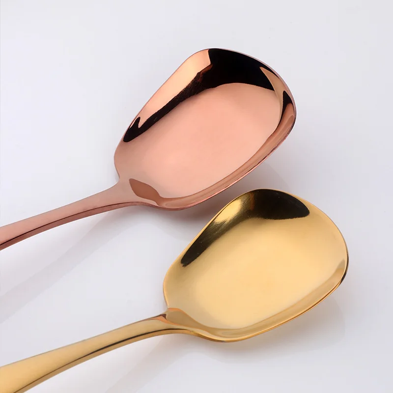 1PC Plat Bottom Spoon Stainless Steel Square Dinner spoons Rice Dinnerware Child Samll Gold  Spoon for Ice Cream Dessert Salad