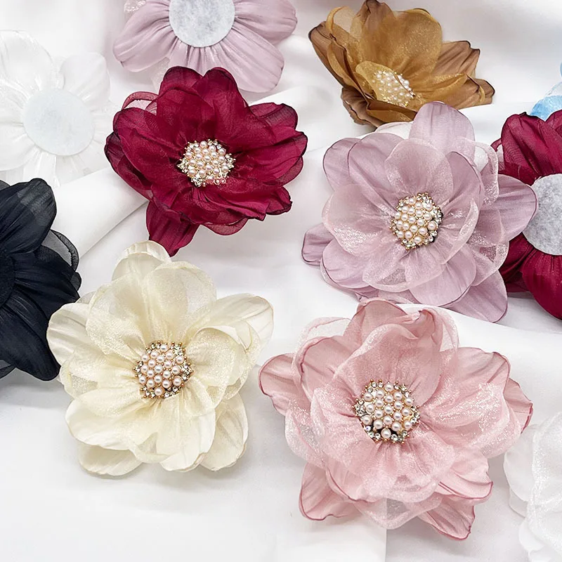 

10Pcs/Lot 9cm Lace Flower Accessories With Pearl Button Flat Back Chidren Accessories For Hats Shoes Brooches Home Decoration
