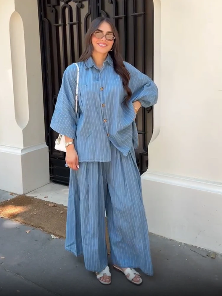 

Women's Chic Striped Suits Casual Wide Leg Pants Lapel Long Sleeve Top Sets 2025 Summer Trendy Streetwear Outfits For Daily Wear