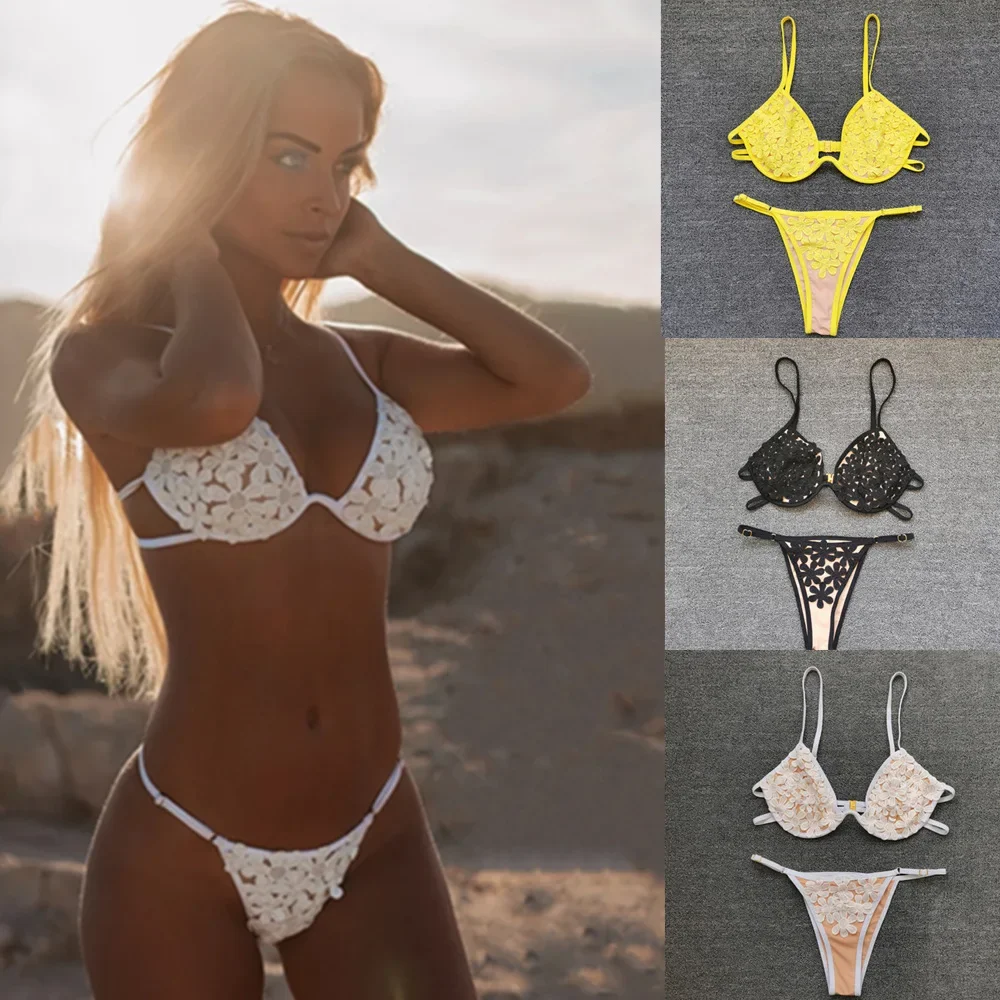 Donsignet Summer Sexy Hollow Solid Color Petal Bikini  Woman Split Swimsuit Bikini Set Suit Bikini Mujer 2 Piece Set Women