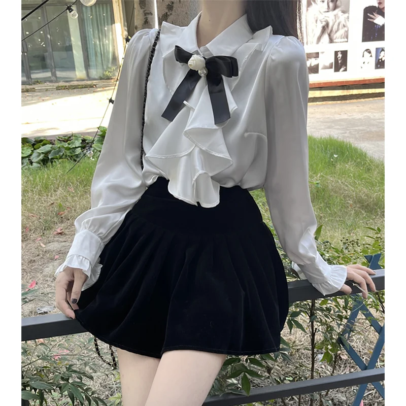 

2026 Spring Autumn Women Long Sleeve White Shirt Ruffles Bow Tie OL Blouse Retro Occupation Female Tops