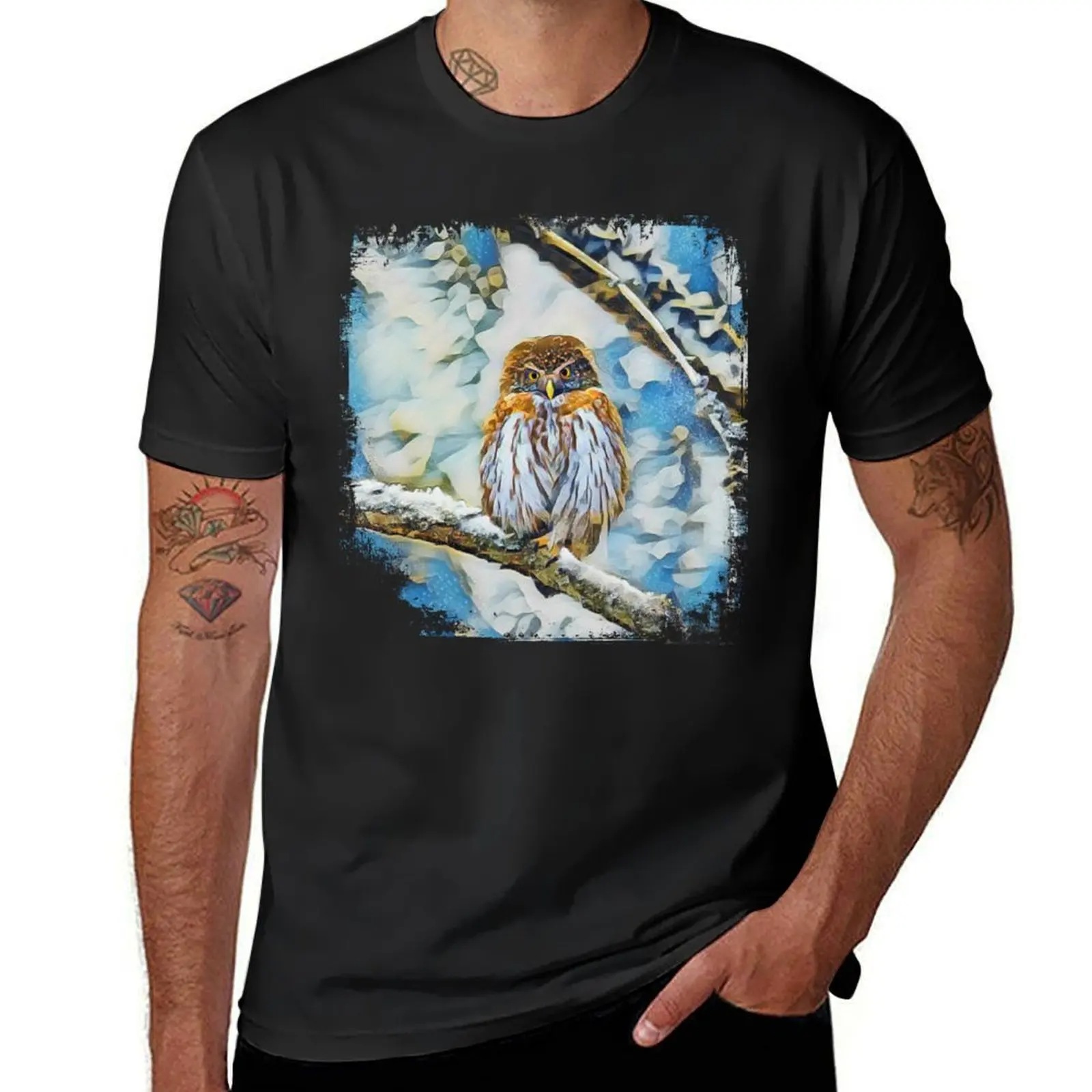 

Eurasian Pygmy Owl In Winter T-Shirt heavyweights customs quick-drying boys animal print T-shirt men