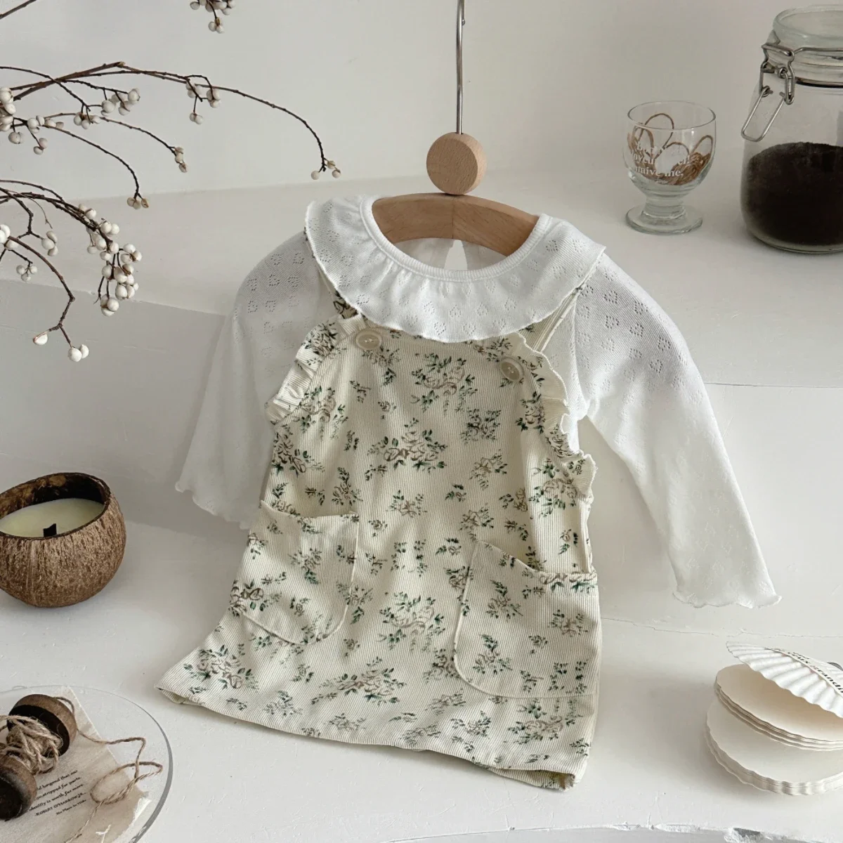 0-3Y Toddler Baby Girls Floral Suspender Dress Set Infant Spring Autumn Ruffle Collar Long Sleeve Top And Floral Overall Skirt