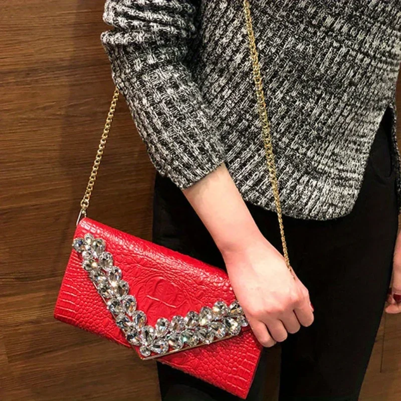 Women\'s Fashion Crocodile Pattern Clutch Diamond Party Clutch Elegant Shoulder Crossbody Bag