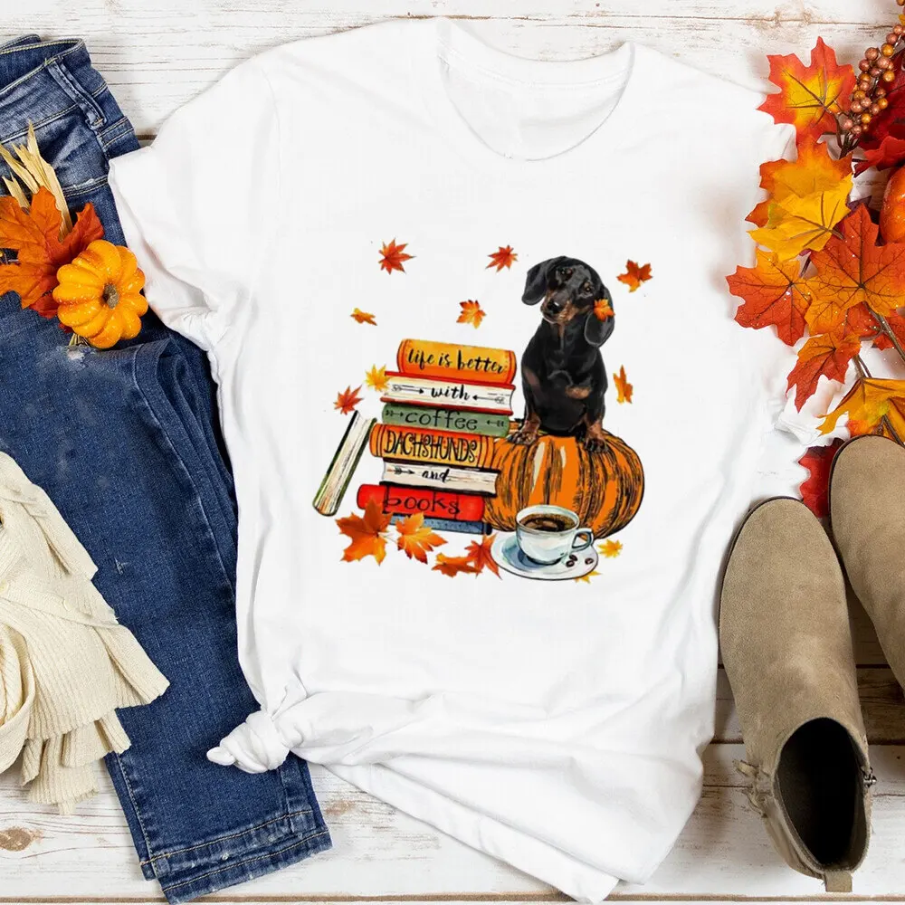 

Just A Girl Who Love Fall & Dachshund Print T Shirt Women Graphic T-shirt Thanksgiving Party Tops Casual Tshirt Female Clothes