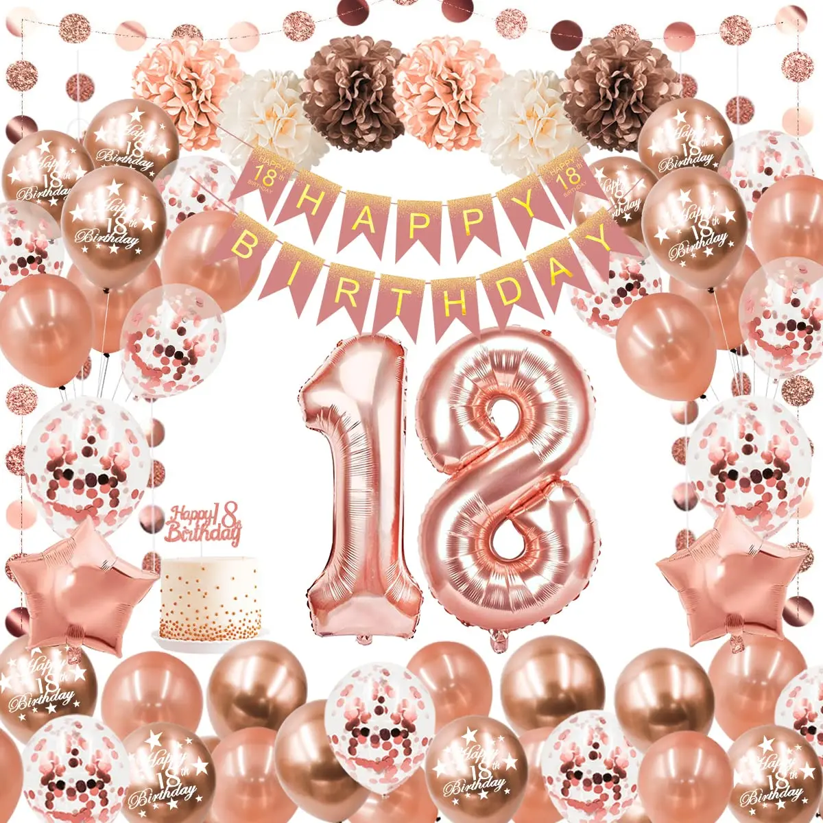 

18th 30th 40th 50th Birthday Balloons Girls Women Birthday Party Decorations Rose Gold Balloon Garland Kit with Paper Pom Pom