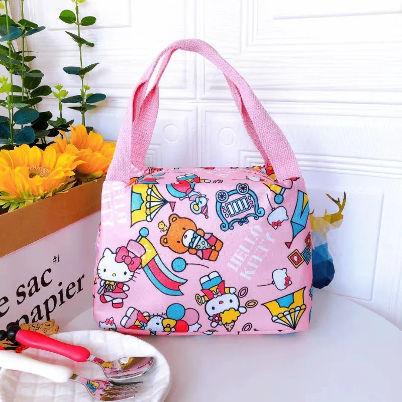 New cute cartoon pink printed Hello Kitty waterproof thermal insulation square bag Sanrio lunch box bag Office worker bento bag