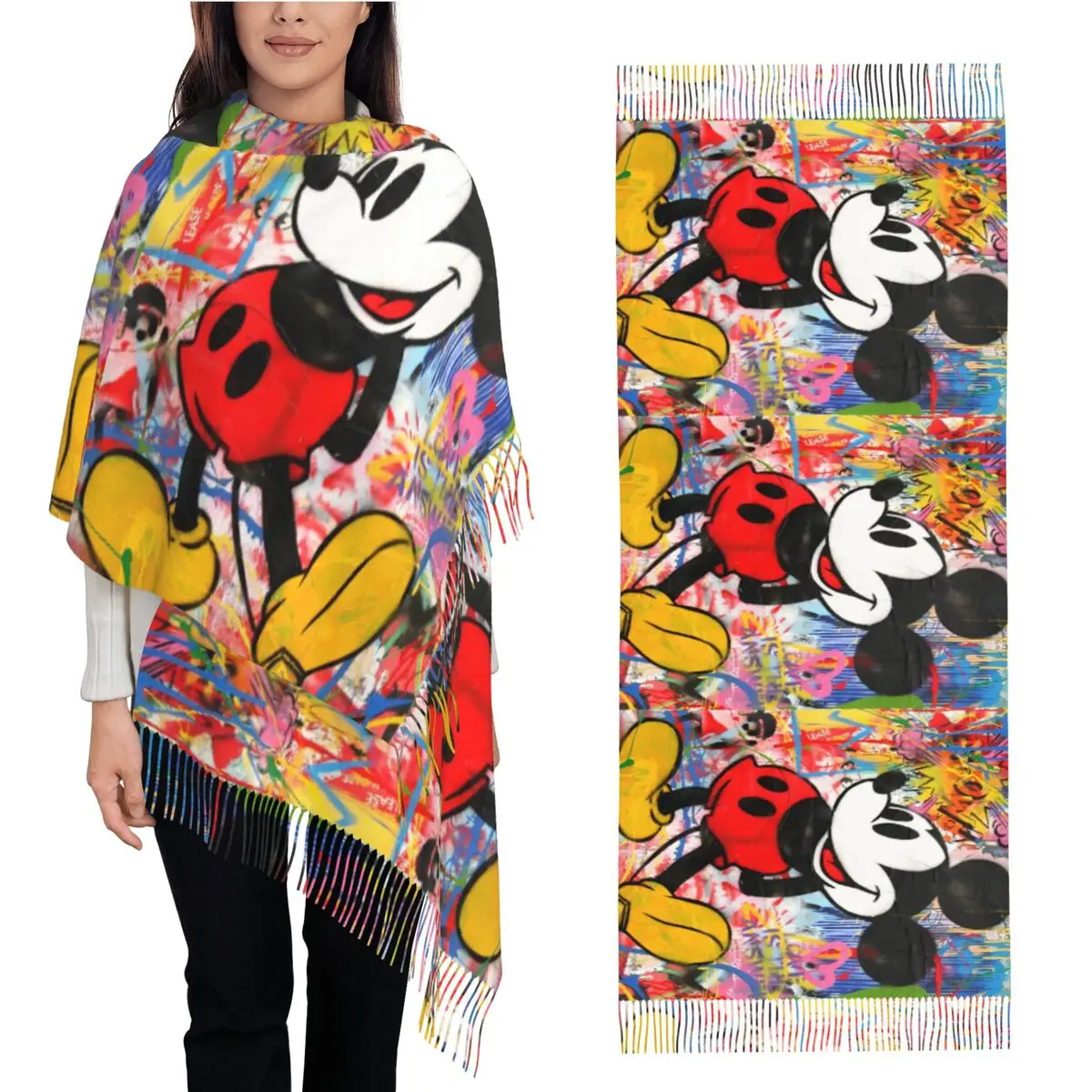 Mickey Mouse Scarf with Tassel Warm Soft Shawl Wraps Women Printed Large Scarves Autumn Popular Bandana