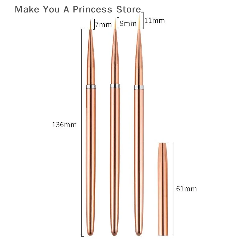 로즈 골드 3 개/대 네일 아트 UV 젤 라이너 페인팅 브러쉬 드로잉 꽃 스트라이핑 디자인 매니큐어 도구 키트 7/9/11mm