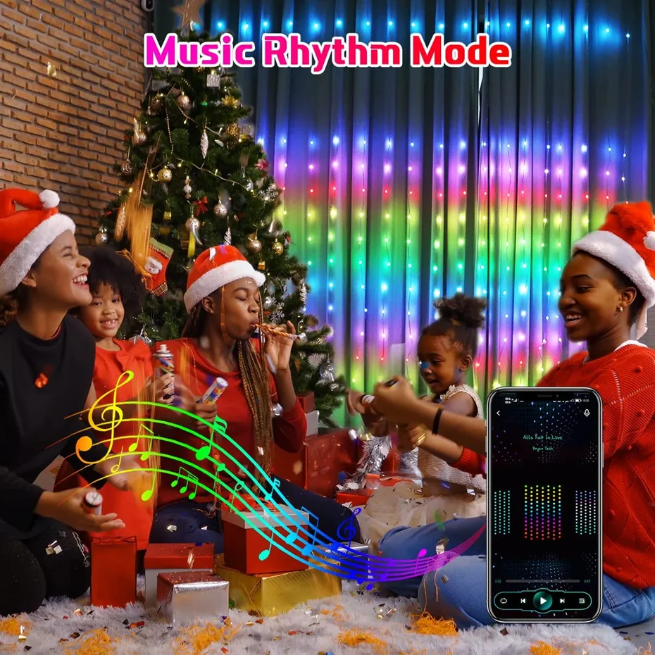 400LEDs Smart App Control RGB Curtain Lights Music Rhythm LED String Lights Fairy Garland DIY for Window Room Christmas Decor