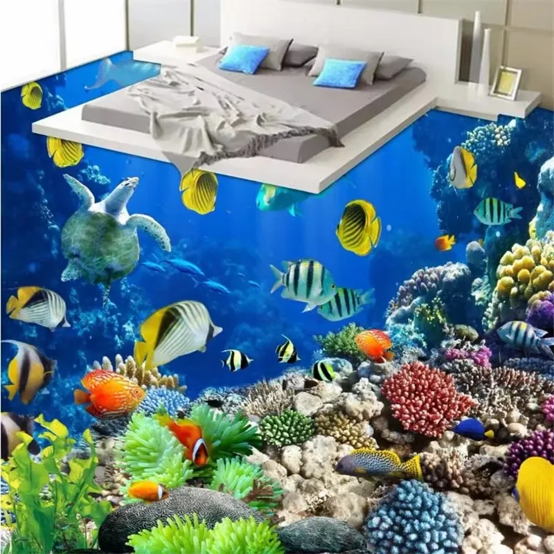 

Custom floor painting 3d beautiful underwater world tropical creature toilet bathroom floor beach shells sea spray papier peint