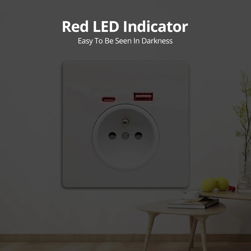 WallSub-Prise de courant murale avec panneau en plastique blanc, norme française EU, port de charge USB Type-C, 5V, 2100mA