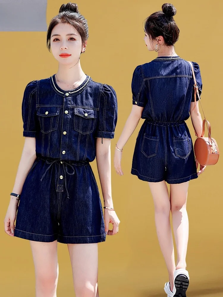 

Slimming Denim Jumpsuit ort Pants Faionable Summer Women's Clothing Midi Waist Straight Leg Jumpsuit by Sibolan