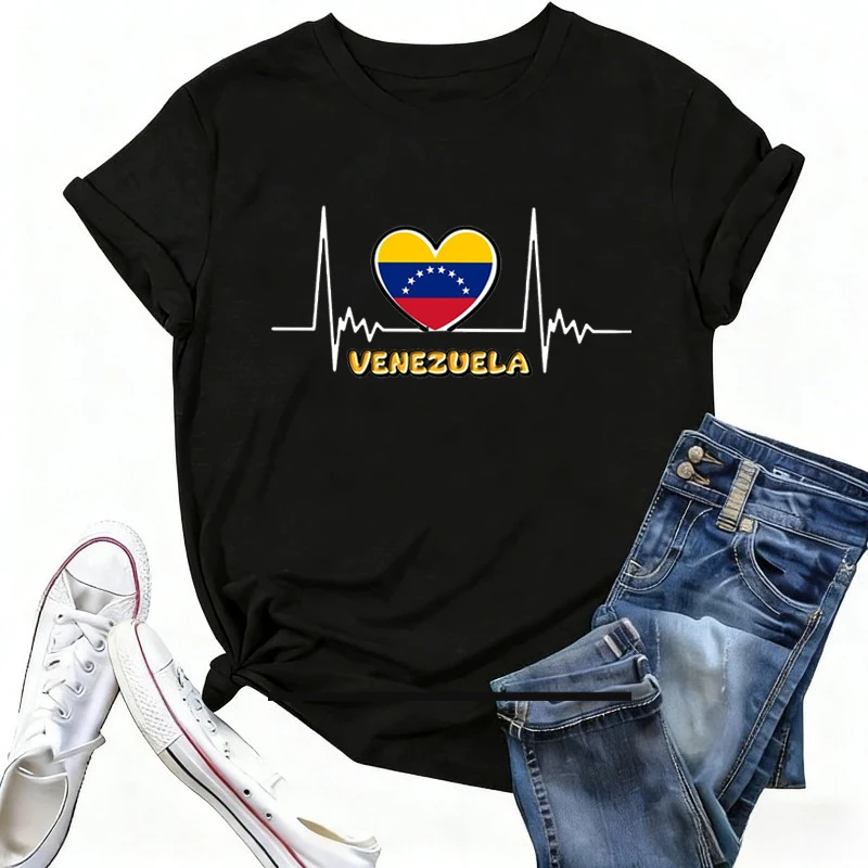 เสื้อยืดเวเนซุเอลาสำหรับผู้หญิง เสื้อยืดเวเนซุเอลา เสื้อผ้าผู้หญิง ลายรูปหัวใจ การประท้วง ความสงบสุข ความอิสระ มนุษยสิทธิ์ เสื้อยืด