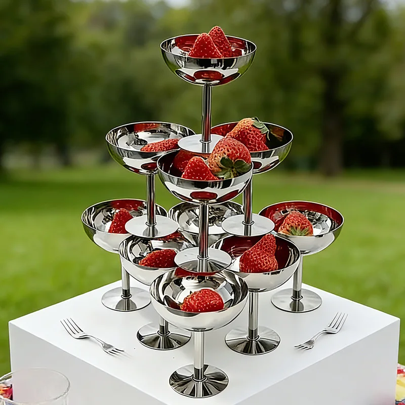 304 Stainless Steel Stemmed Dessert Cup Snack Bowl for Pudding Ice Cream Sundae Serving in Dessert Shop
