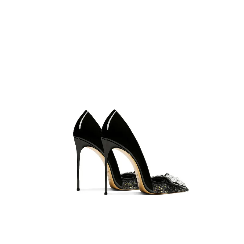 كعب ستيليتو من الجلد الطبيعي باللون الأسود مع فيونكة من حجر الراين لفستان الحفلات 2025 #2