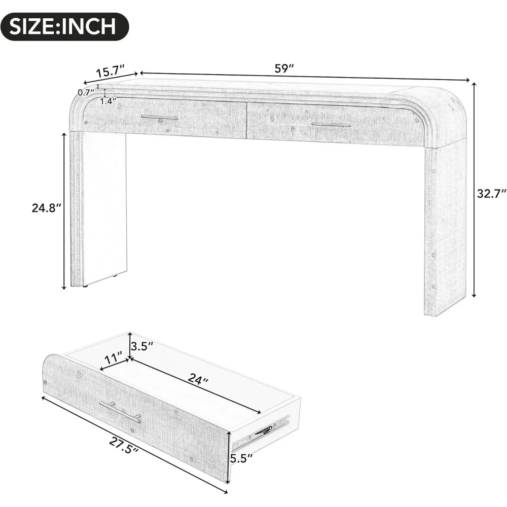 Unique Retro Curved Console Table with 2 Top Drawers, Versatile 59'' Long Accent Entryway Table Sofa Table for Entrance