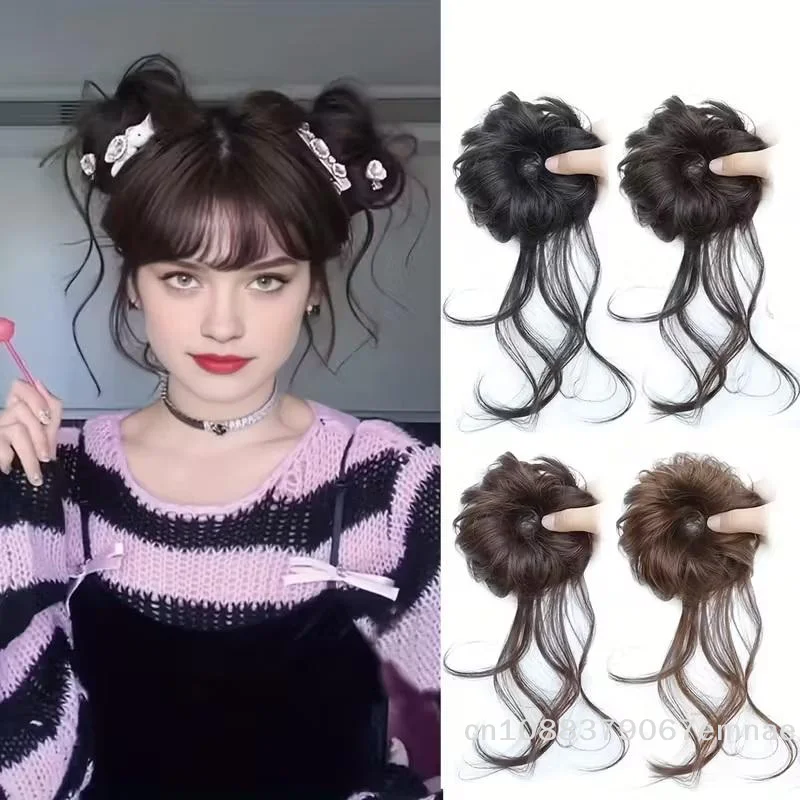 

2 Pcs Tousled Messy Bun Hair Piece Updo Extensions with Tendrils Wavy Curly Hair Extensions for Women