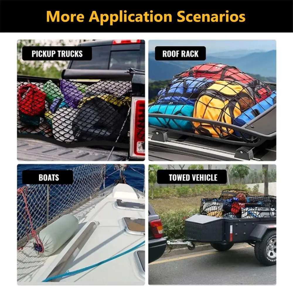 Stretchable 4'x4' to 7'x7' Cargo Net for Pickup Truck Bed Single Layer High Elastic Fine Mesh with 8 Metal Carabiners