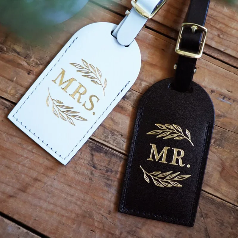 Mr Mrs Leather Luggage Tags Newlywed bride groom Couples just married Wedding Anniversary Honeymoon Vacation beach travel Gift