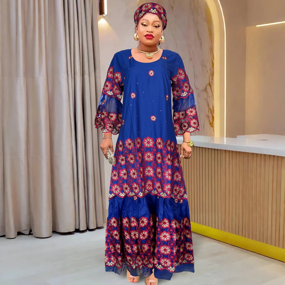 MD African Clothing Dresses For Women Elegant Wedding Party Gown Ankara Dashiki Long Dress Roupas Bazin Riche Blue Robes
