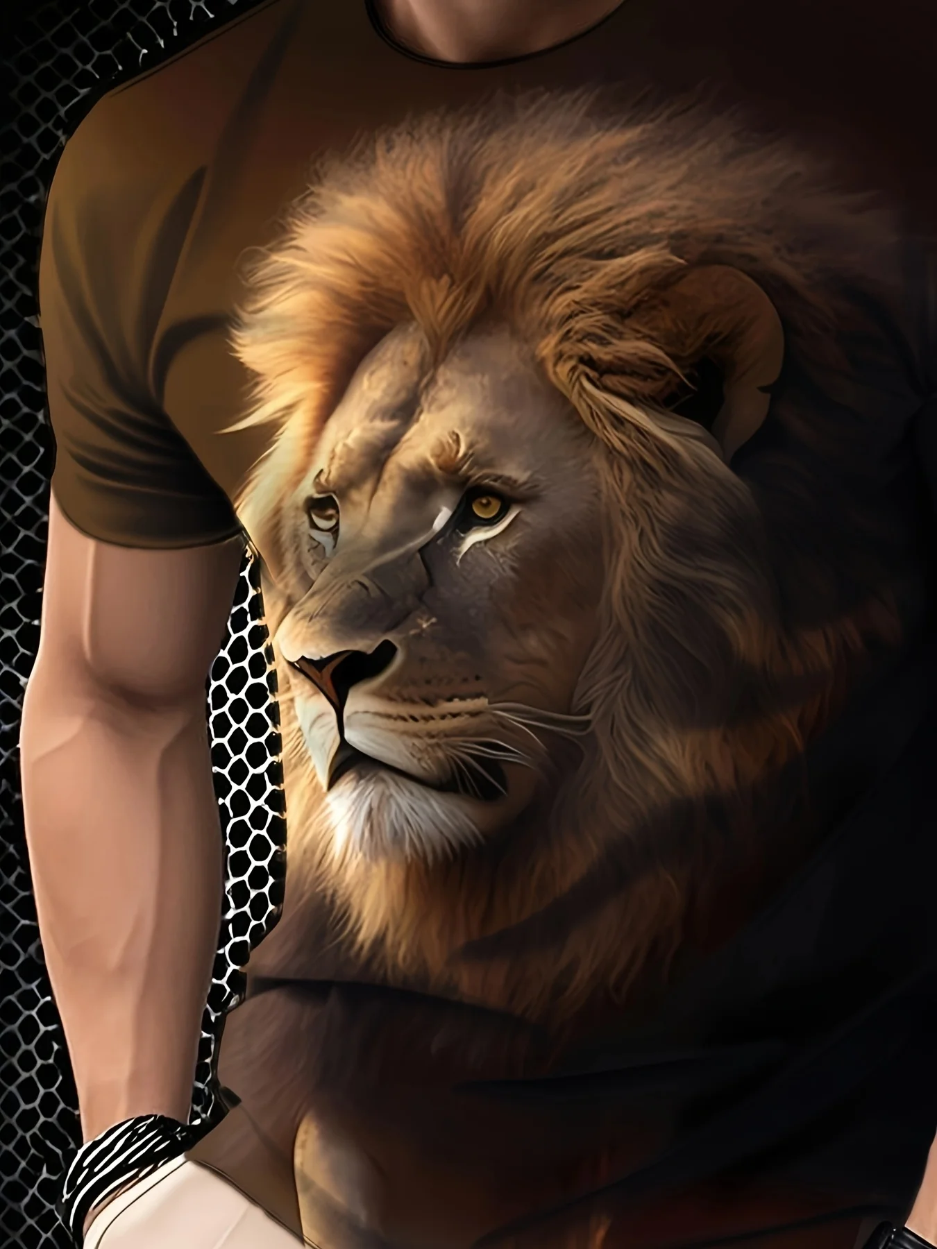 Herren-T-Shirt mit realistischem Löwengesicht-Print in dunklen Tönen, schwarz, Wildtier-Dschungel-Motiv, Rundhalsausschnitt, Kurzarm – Detail 4