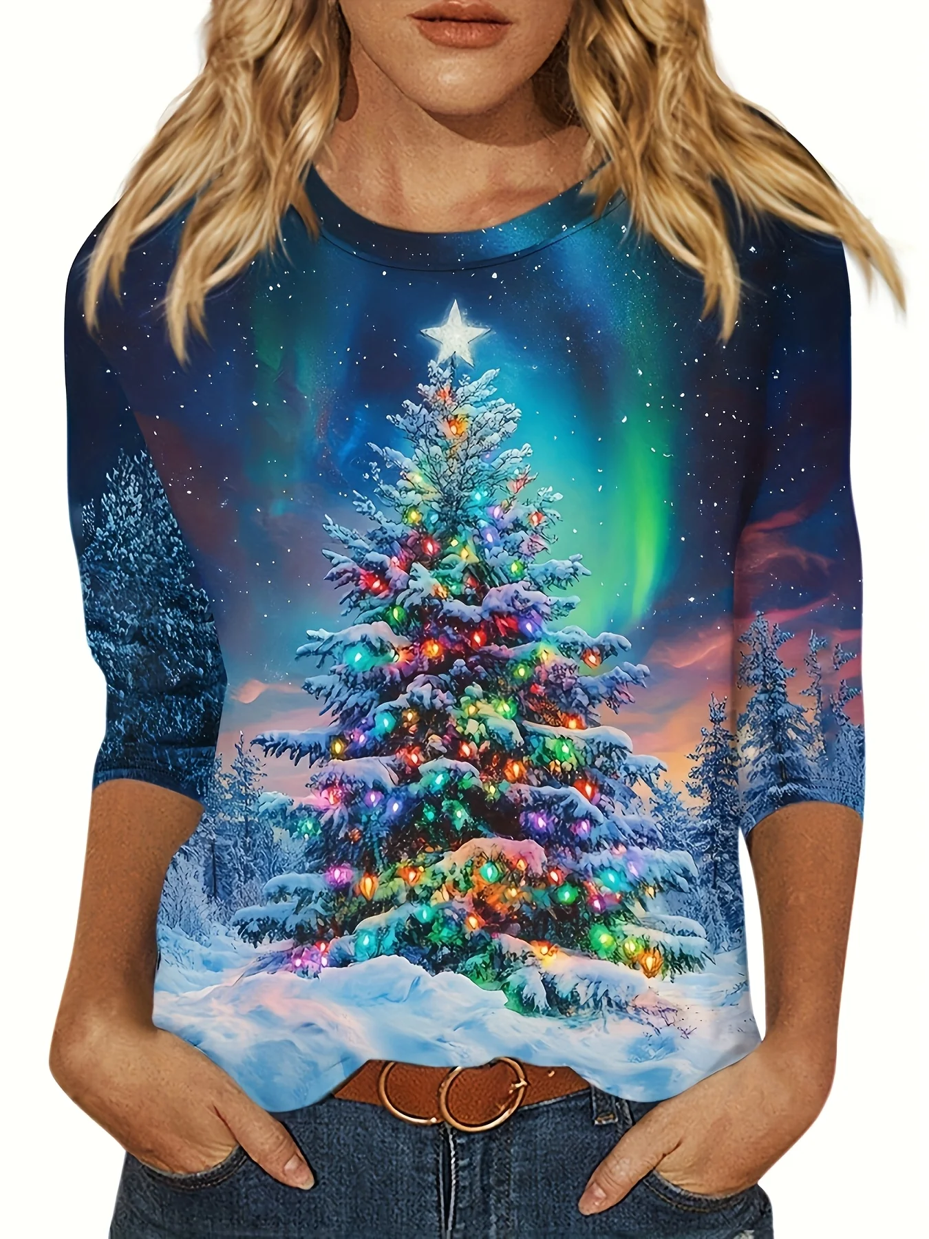 Women's Long Sleeve T-Shirt, Snowy Christmas Tree With Colorful Lights And Star Under Aurora Borealis Night Sky Print, All-Winter Holiday Style Top Suitable For Leisure And Sports Scenarios