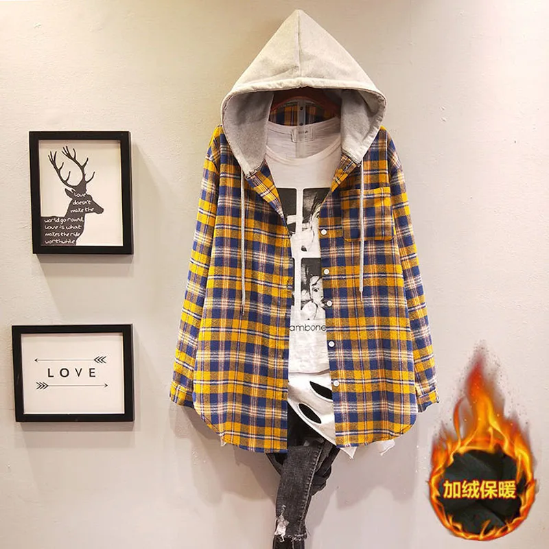 2023 Spring and Autumn Women\'s Fashion Commuter Hooded Plaid Shirt Mid Length Spliced Cotton Shirt Versatile Comfortable Coat