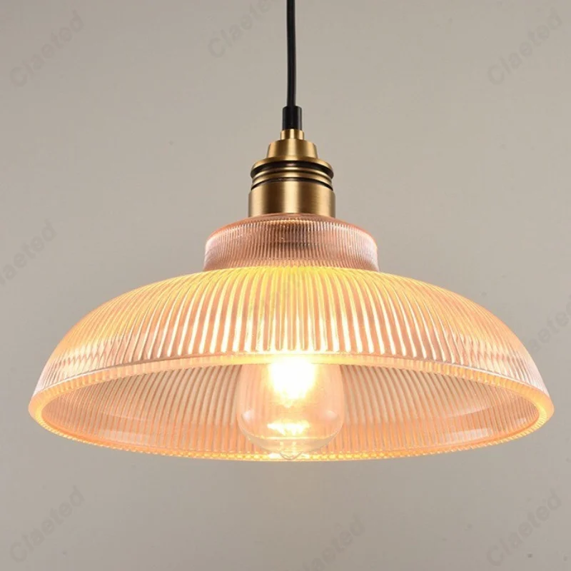 Nordic Creative Minimalist Retro Pendant Light with Striped Brass Glass Household Decor Lighting for Bedroom Living Room Study