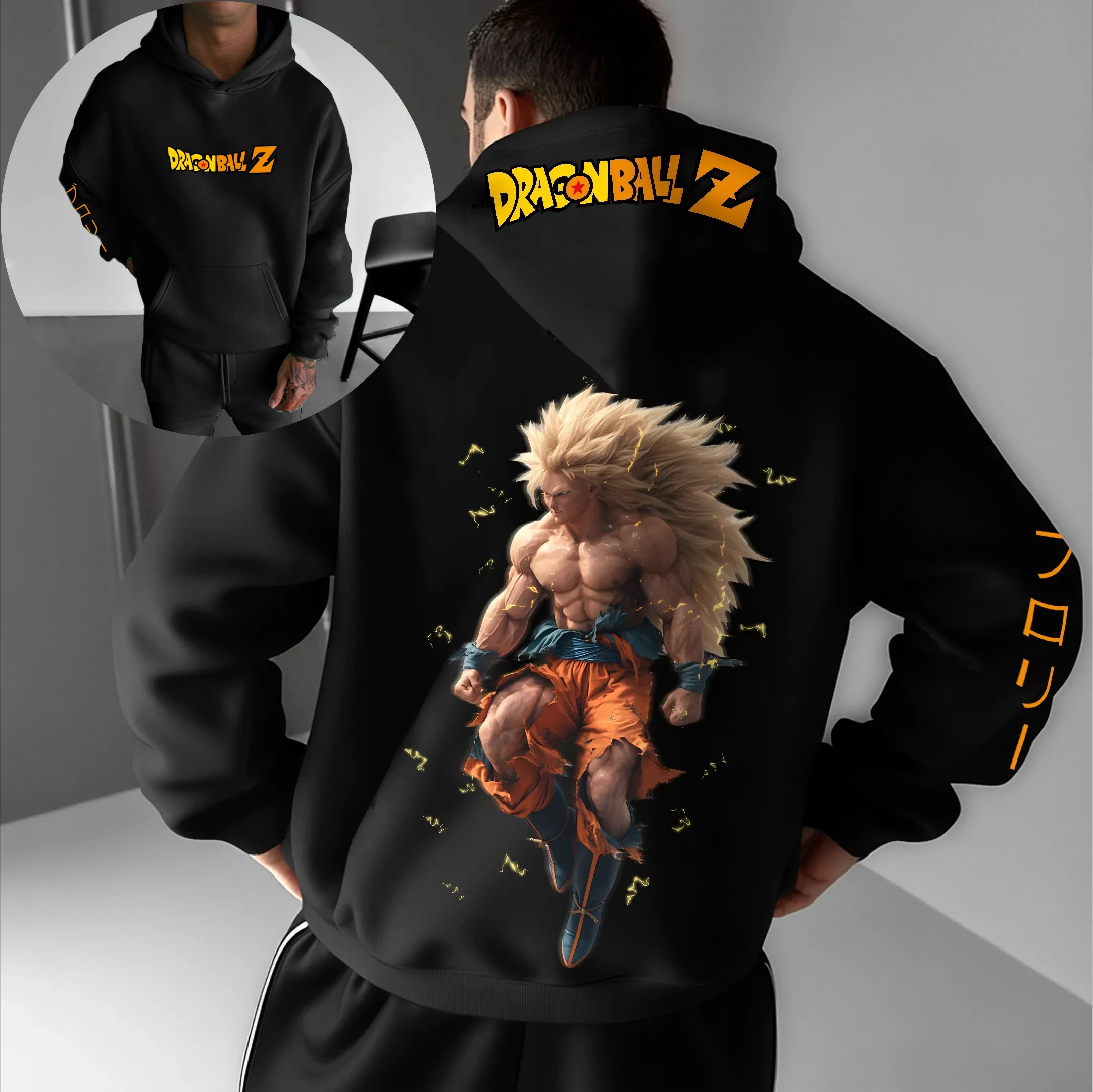 

Dragon Ball Z Goku Super Saiyan 3 Lightning Anime Hoodie Men Black Yellow Official Back Print Streetwear Fashion Casual Cosplay