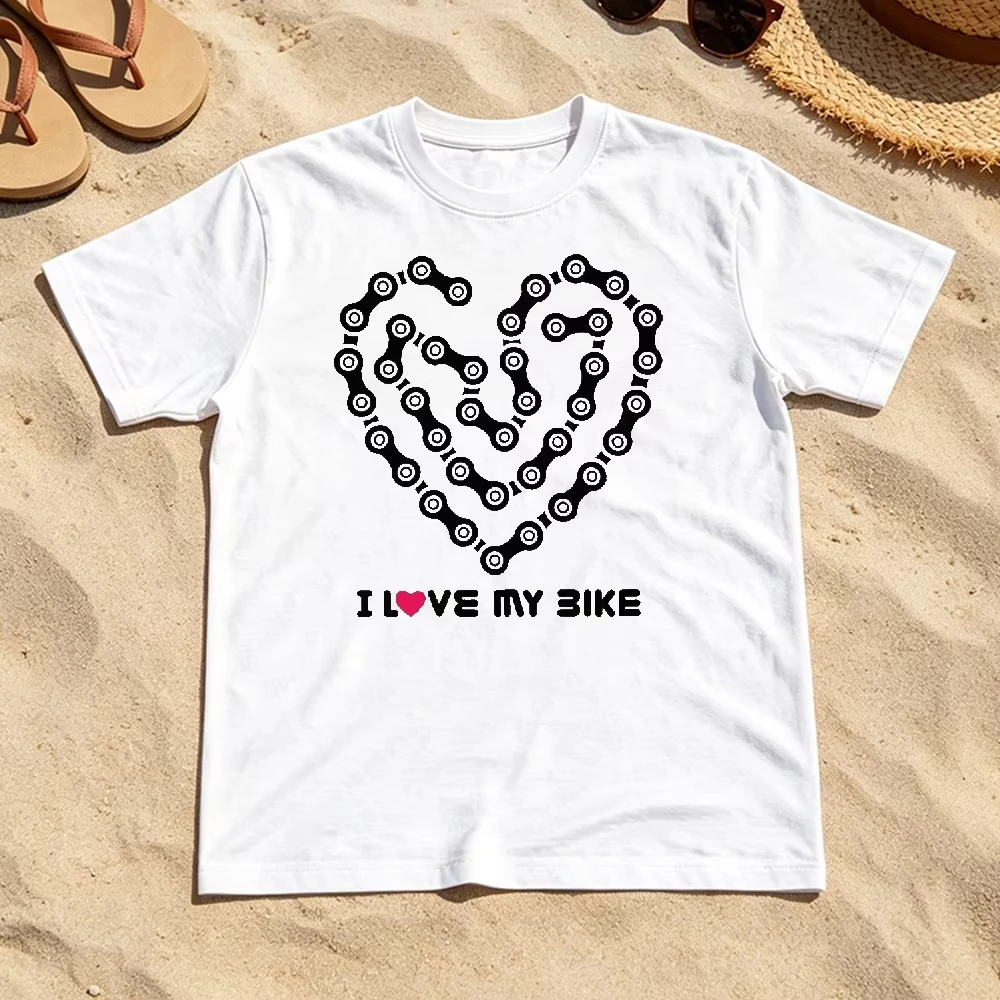 I Love My Bike Bicycle Chain Heart Graphic Tee Vintage Short Sleeve Cotton Tops Loose Cycling Sports Aesthetic Women Clothing