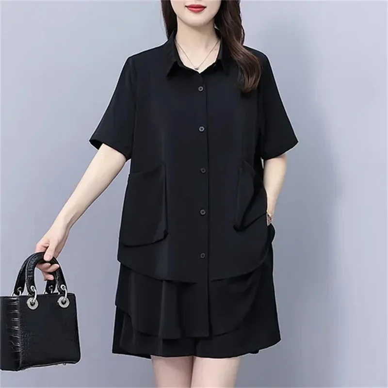 

Large Size Loose Casual Shirt And Short Pants Two-piece Set Fashiona Black Women Outfit Korea Female Cardigan Blouse Suits 5XL