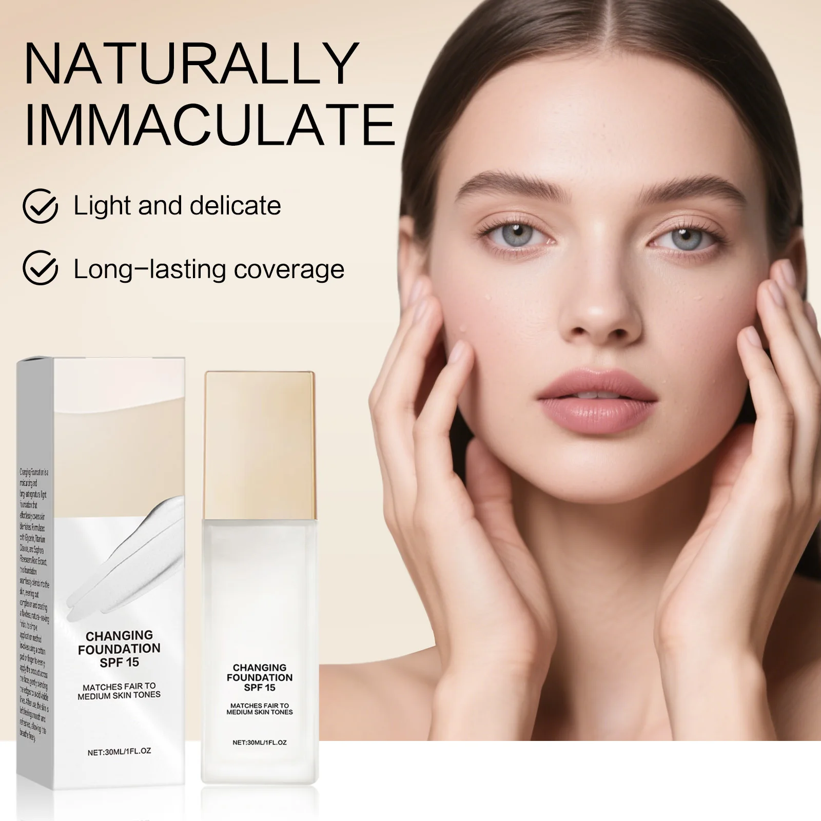 30 ml Changing Foundation SPF 15 – leichtes, feuchtigkeitsspendendes flüssiges Make-up, deckt Hautunreinheiten und Rötungen für eine mittelgroße Haut ab