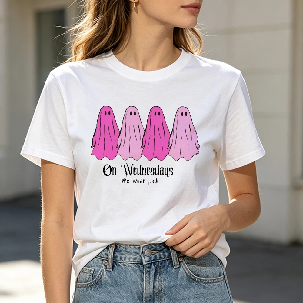 On Wednesdays We Wear Pink Spooky Ghosts Art Ladies Autumn Fall T‑Shirt Halloween Inspirational Breast Cancer Memento Y2k Top view 4
