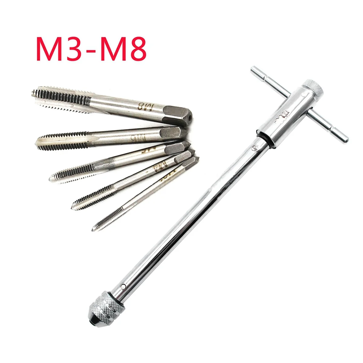 Tools Long Adjustable Silver T-Handle Ratchet Tap Wrench with 5 M3-M8 3mm-8mm Thread Metric Plug Taps