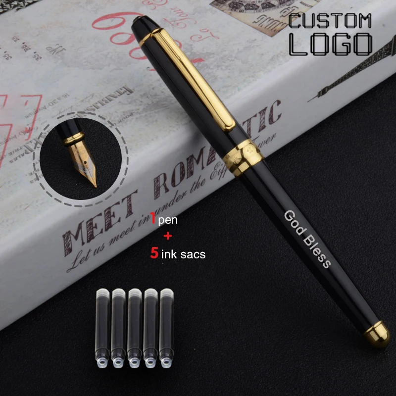 

1 Pen + 5 Ink Sacs Personalized Customized Logo Metal Titanium Fountain Pen Business Advertising Office School Student Gift