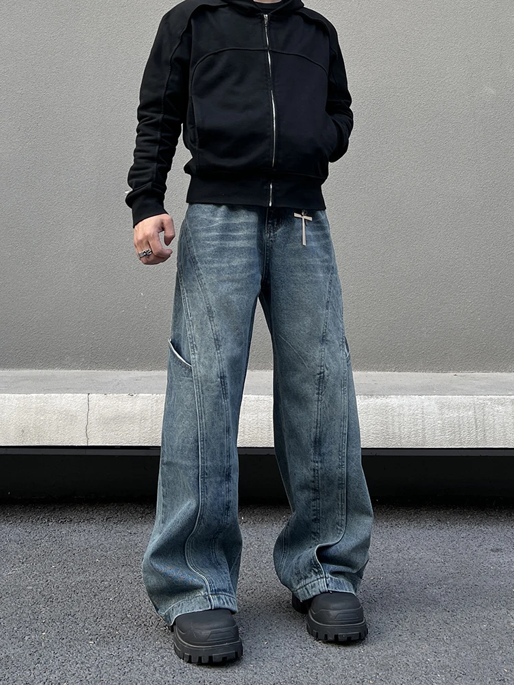 

Мужские джинсы с широкими штанинами и прямым кроем, винтажные, с эффектом потертости, деконструированный дизайн, американский ретро-стиль, пэчворк, свободный крой, длинные брюки