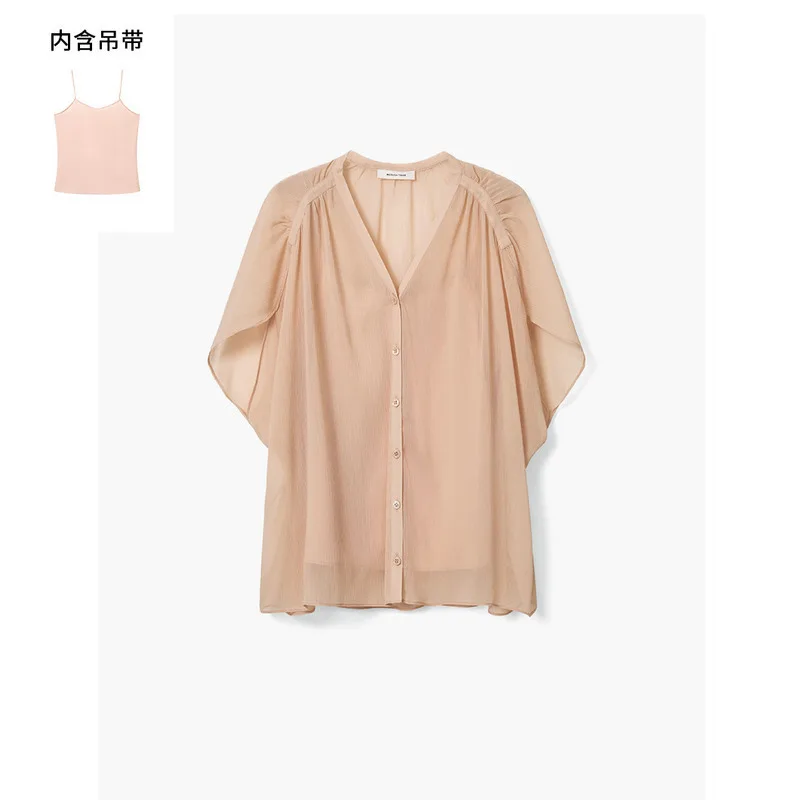 New Korean Version Summer  Smooth Wrinkle Waist Loose French Style Strap Open Tops Two Piece Set Small New T-shirt Female Women