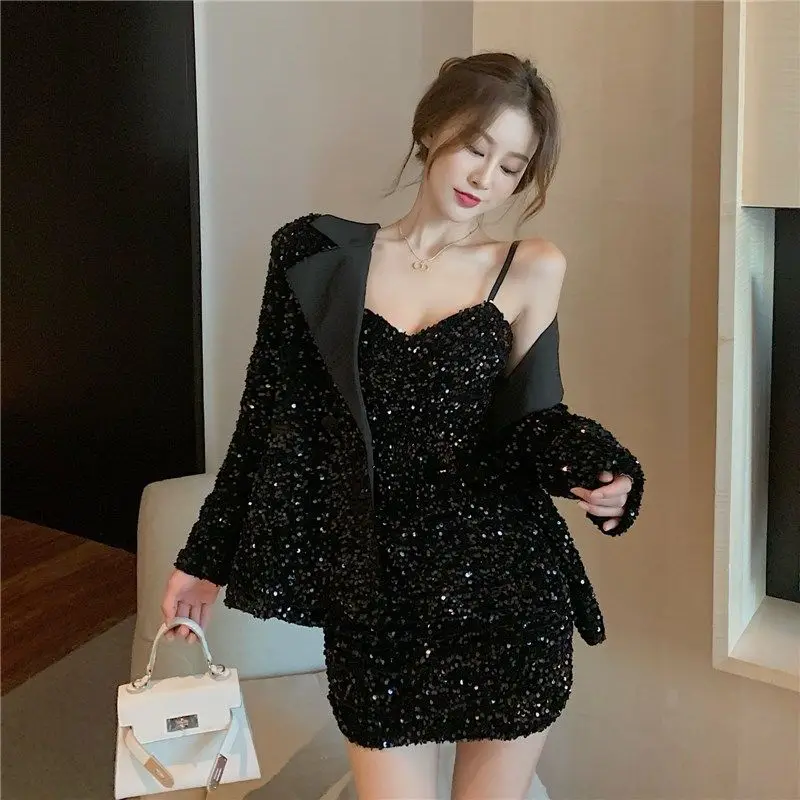 

Women Sequined Blazers Coat Mid Length OL Beaded Suit Jacket Turn Down Collar Cardigan Tops Plus Sling Sequins Dress 2Pcs Set