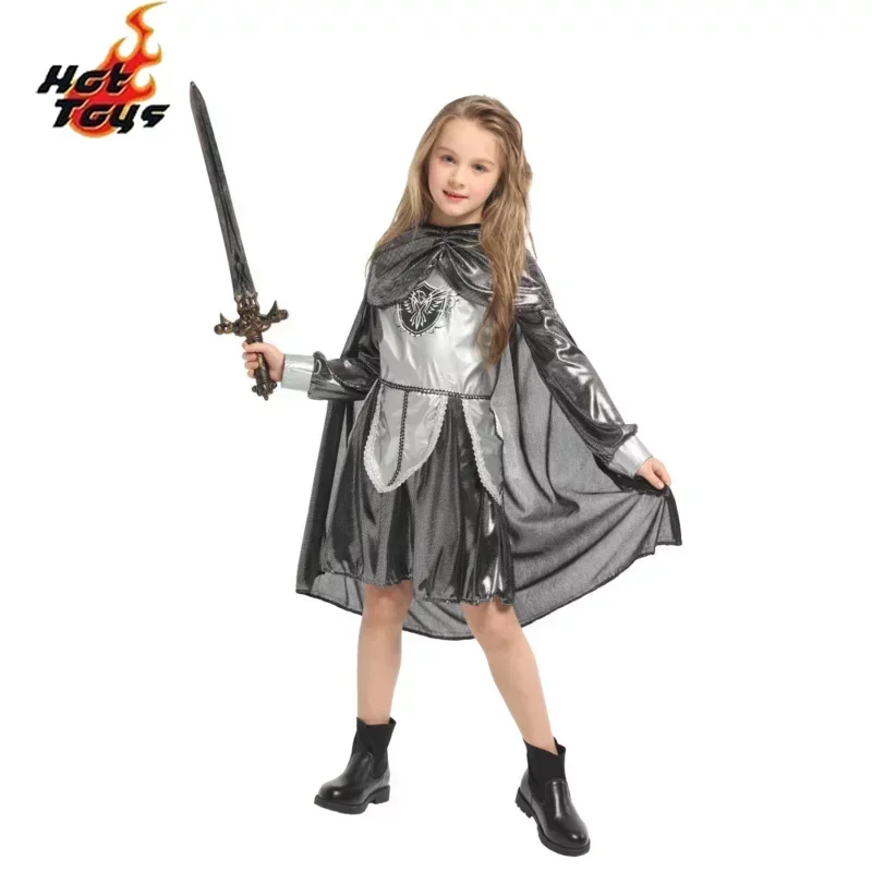 Children Shining Silver Knight Costume Girls Medieval Warrior General Cosplay Outfits Kids Halloween Stage Performance Clothing