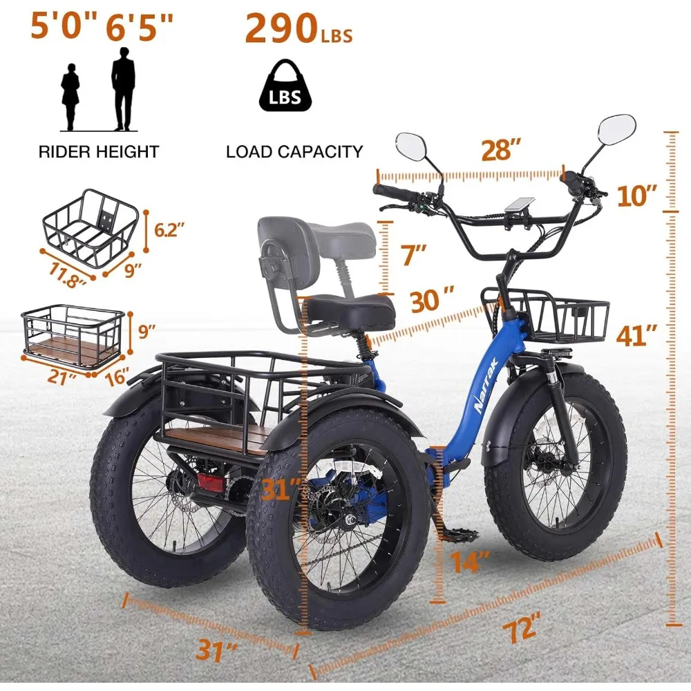 Electric Tricycle for Adults, 750W(Peak 1350W), 48V13Ah Ebike, 20