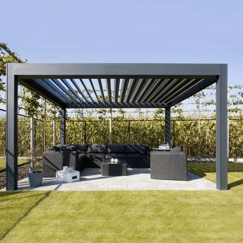 

Intelligent modern electric pavilion automatically covered with blinds, slats, gazebo electric bioclimate