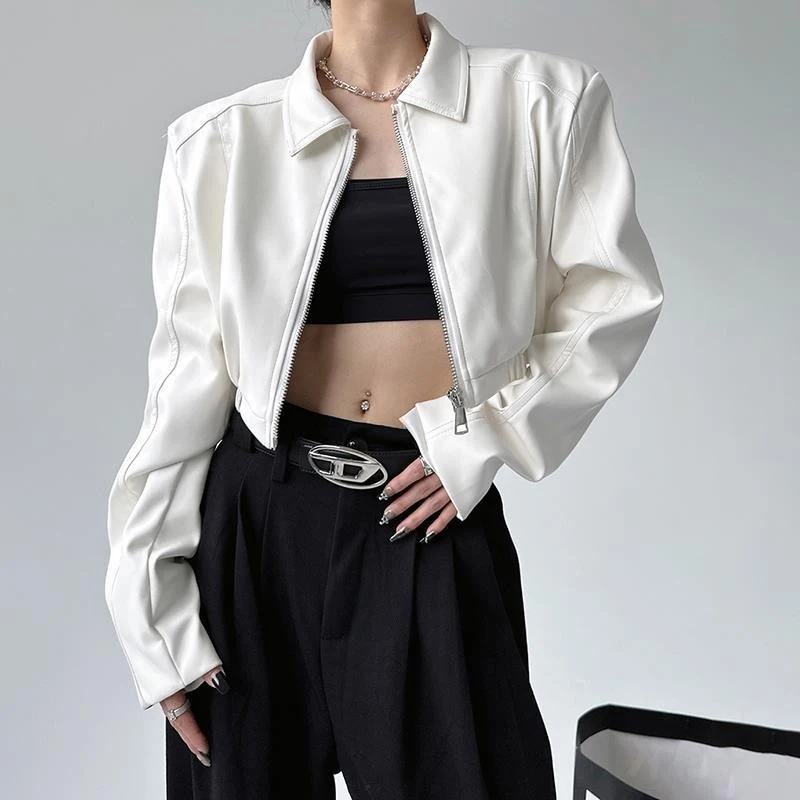 Women White Pu Leather Jacket Lapel Collar Zip Up Cropped Coat Long Sleeve Silver Zipper Retro Motorcycle Y2K Outerwear Top