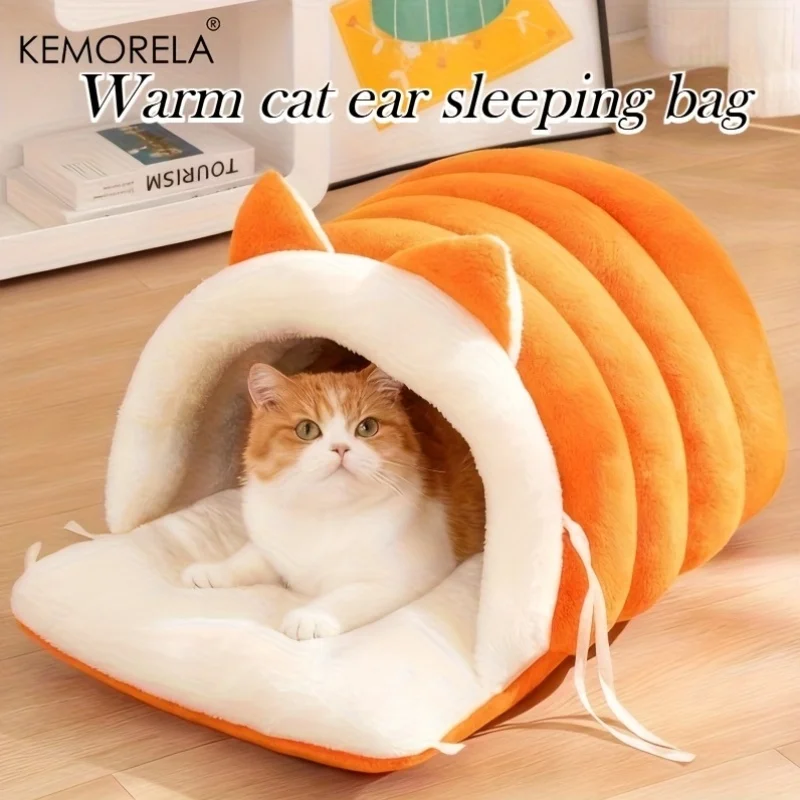 

KEMORELA Кровать с кошачьими ушками, мягкое полузимнее закрытое гнездо для домашних животных с нескользящим дном, ветрозащитное, теплое, съемное, моющееся для кошек