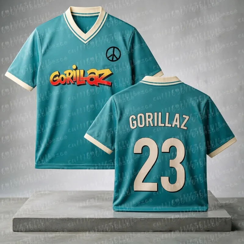 Gorillazs FC Soocer Jersey Album The Mountain Mesh-Trikot, 3D-gedrucktes Muster, schnell trocknendes, atmungsaktives, kurzärmliges Hemd mit V-Ausschnitt – Detail 4