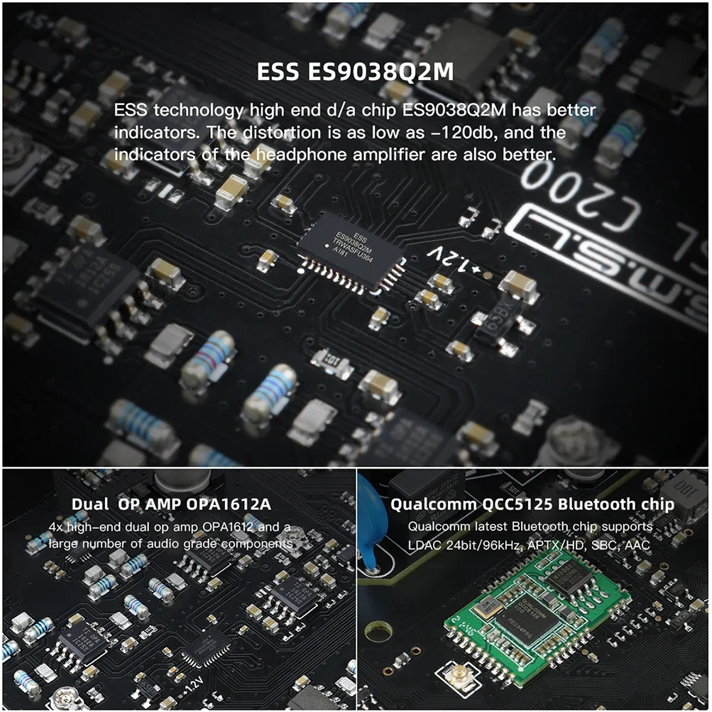 SMSL C200 Audio DAC Headphone Amp ES9038Q2M 4xOPA1612A USB/Optical/Coaxial/Bluetooth 5.1 Inputs TRS Balanced 4.4mm 6.35mm Output