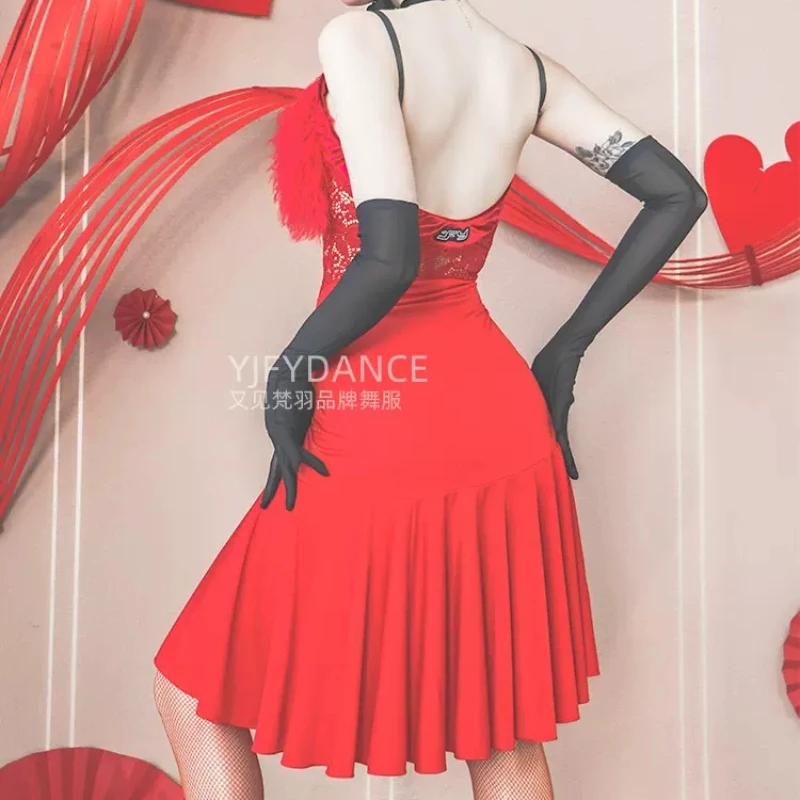 Latin Dance Costumes New Year's Red Suspender Dresses Ballroom Dance Practice Costumes Group Performance